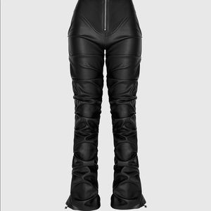 Tacked Vegan Leather Flared Trousers - Black
